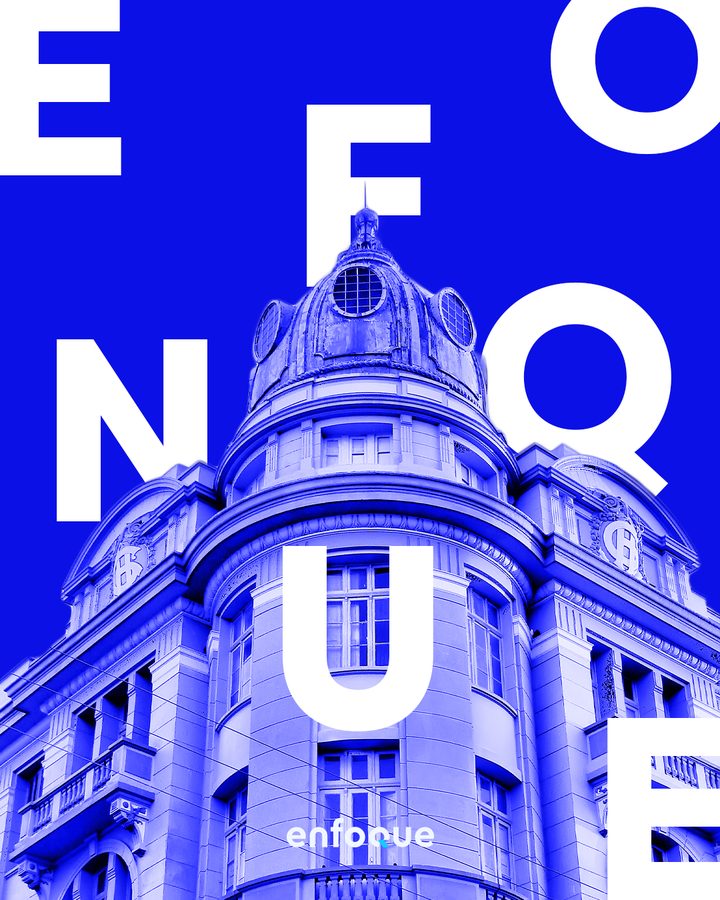 Historic building with the Enfoque brand letters overlaid.