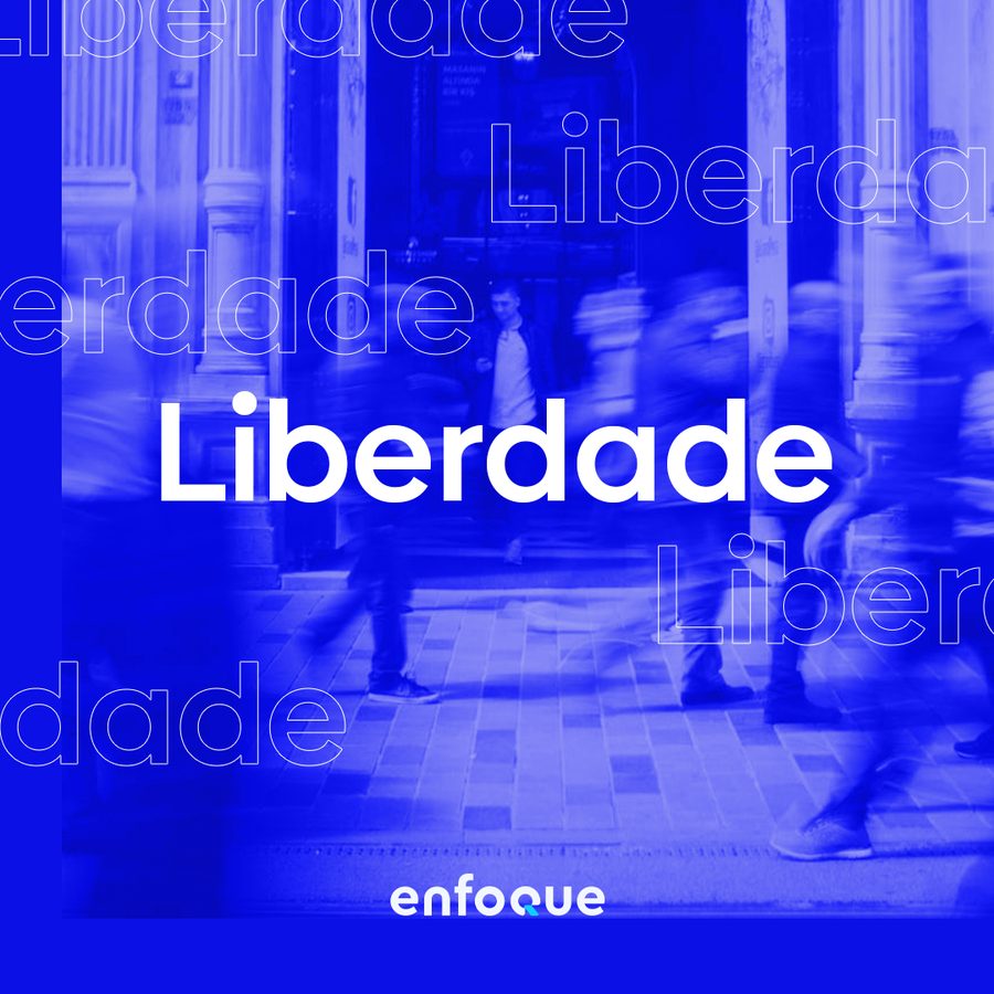 Campaign piece with the word Liberdade over a busy street.