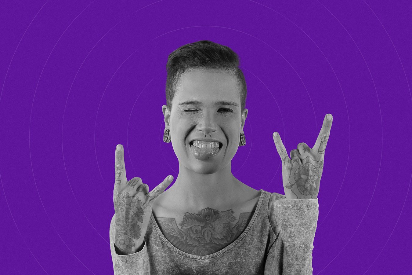 Cut-out portrait on a purple background, a person making a hand sign.