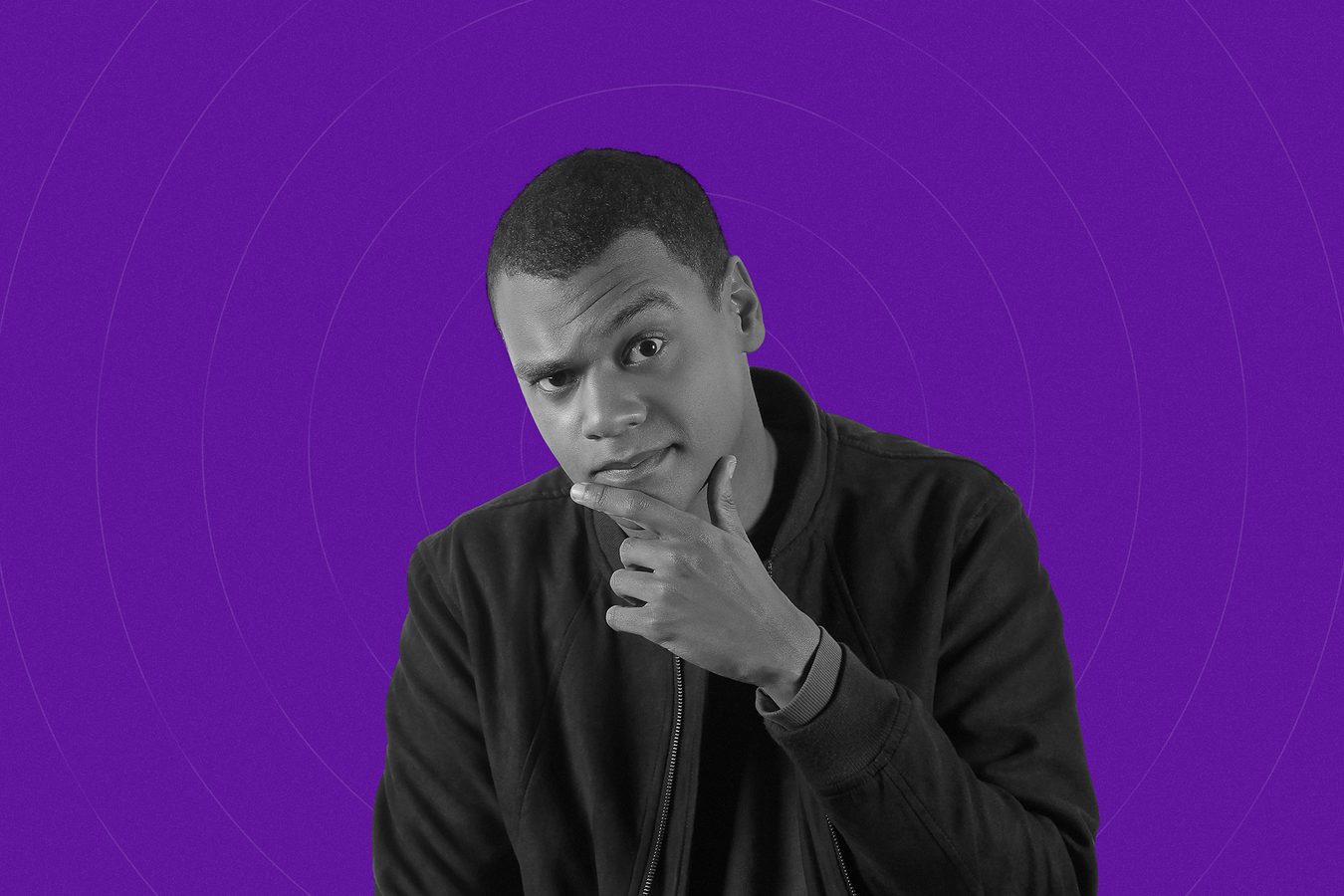 Cut-out portrait on a purple background, a man with his hand on his chin.