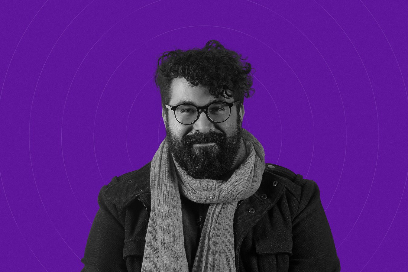 Cut-out portrait on a purple background, a man wearing a scarf.