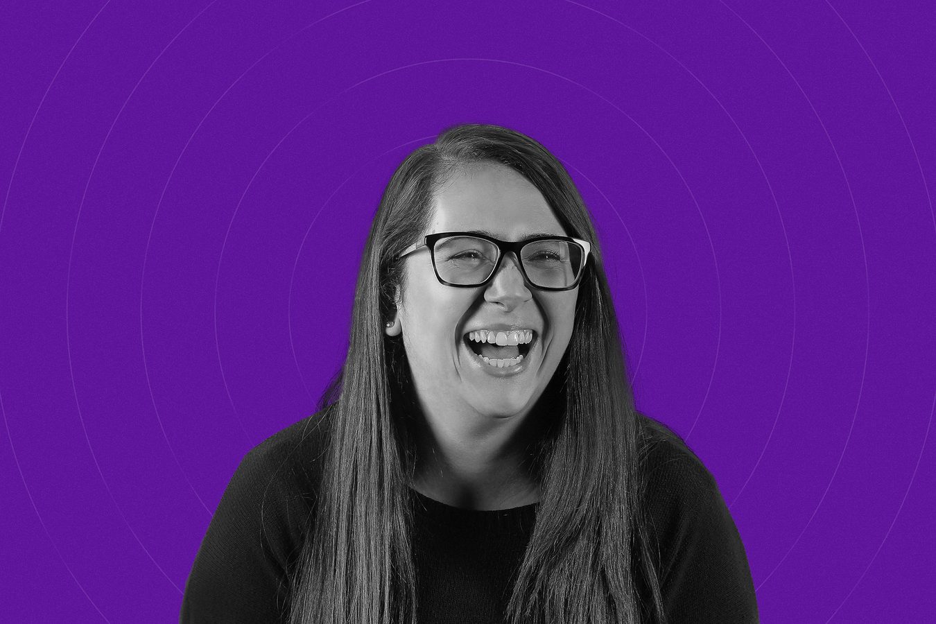 Cut-out portrait on a purple background, a woman in glasses laughing.