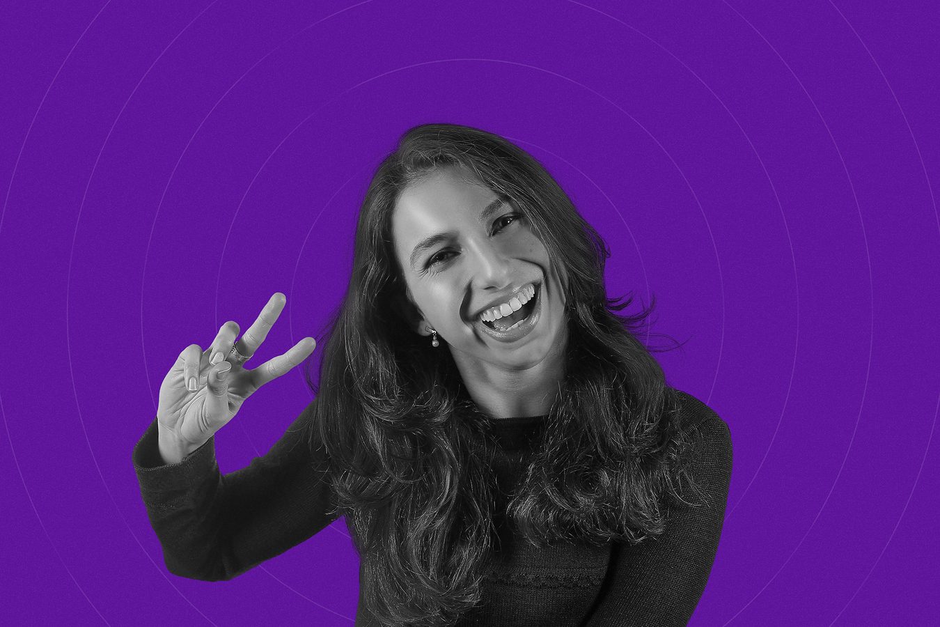 Cut-out portrait on a purple background, a woman making a peace sign.