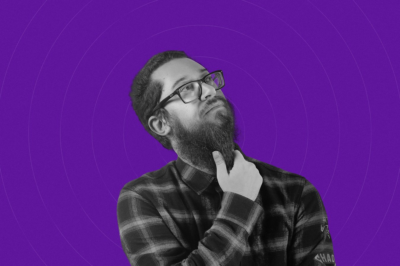Cut-out portrait on a purple background, a man looking up.