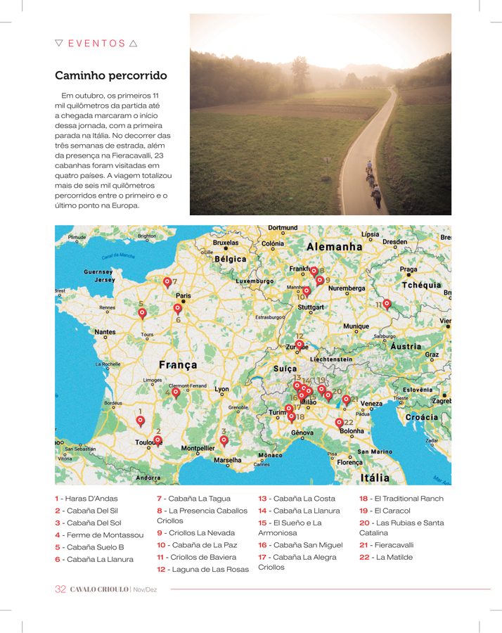 Page with the map of the European route and the list of farms visited.