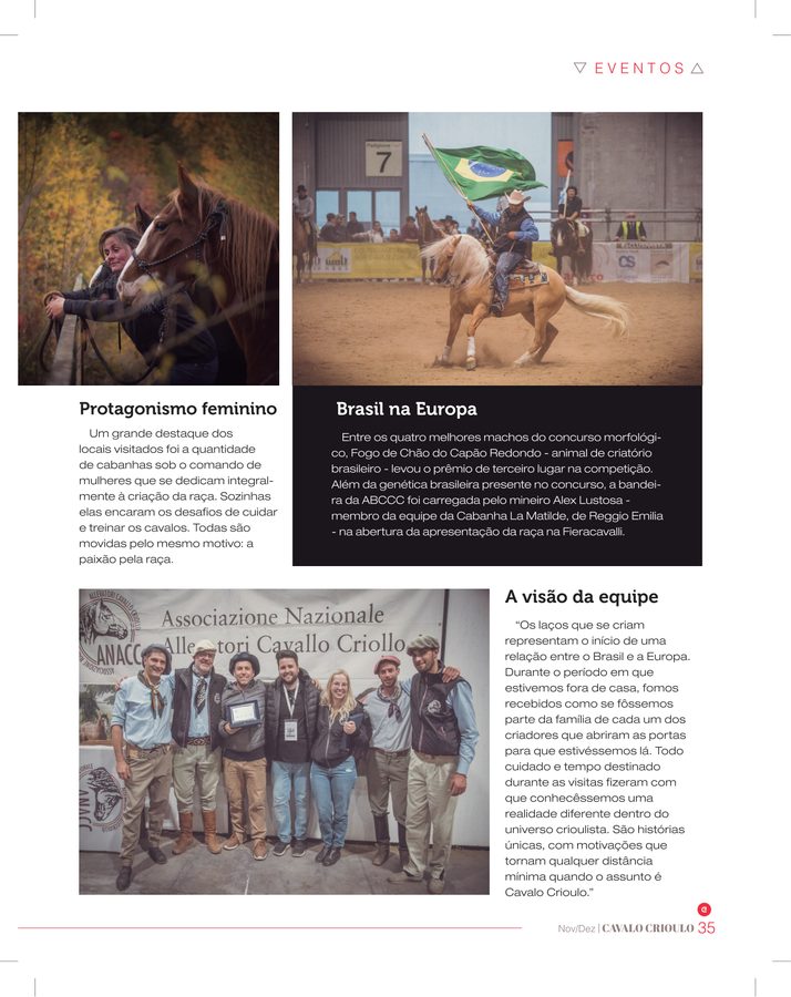 Page with the blocks on women breeders, Brazil in Europe and the team’s view.