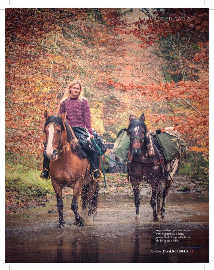 Image of the issue: a breeder on horseback crossing a stream in Europe, in autumn.